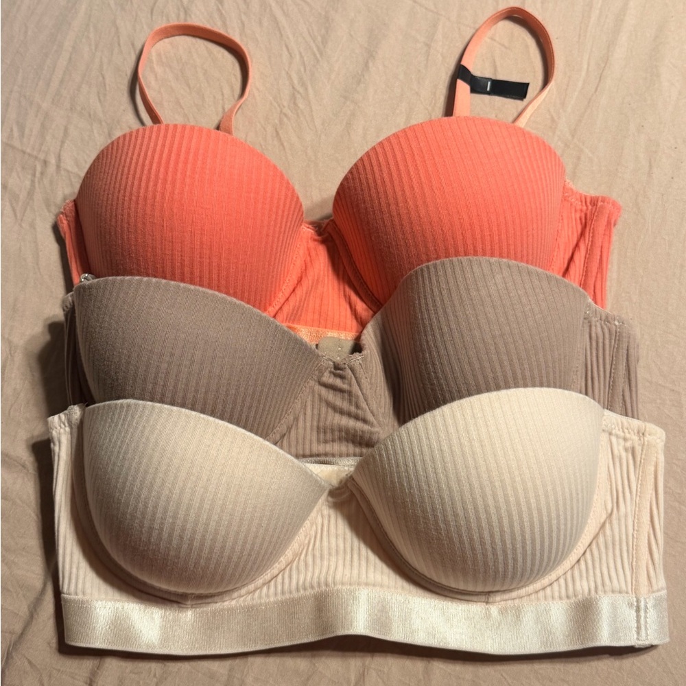 Auden Ribbed 36b bra with removable straps Bra Trio - Coral, Taupe & Cream